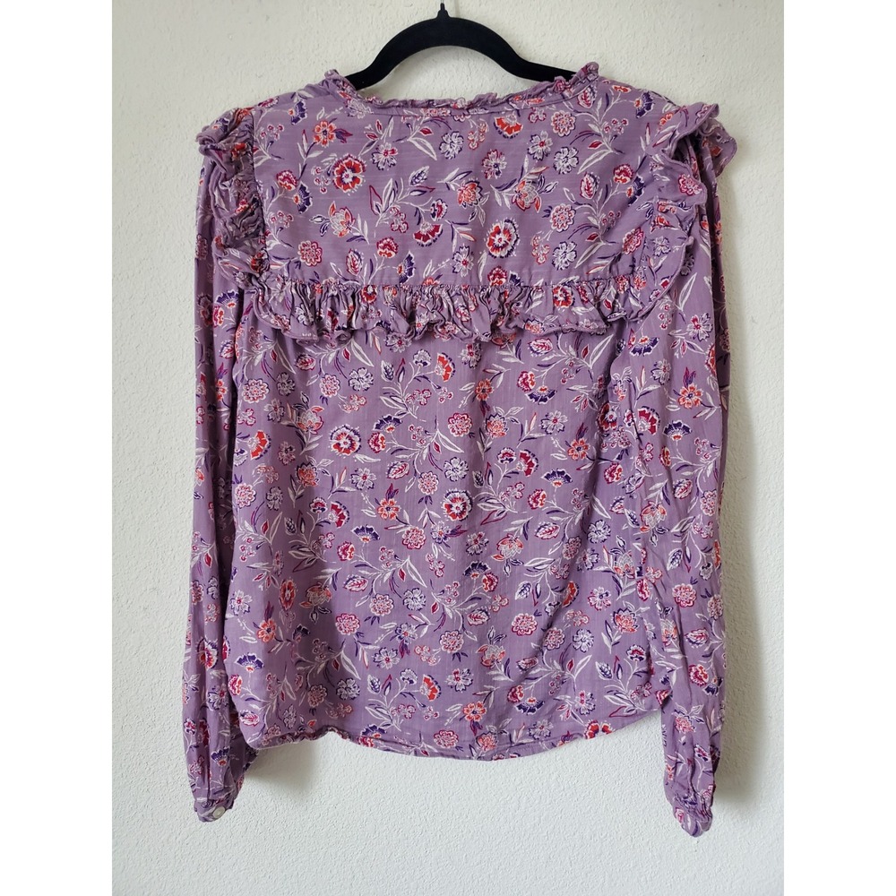 GAP Womens Purple Floral Ruffle Button Front Long Sleeve Peasant Top M - Picture 5 of 8